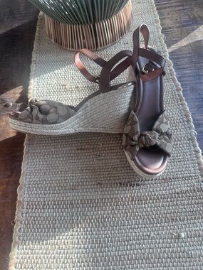 Coach Tan/Brown Signature Canvas Knot Wedge Sandals